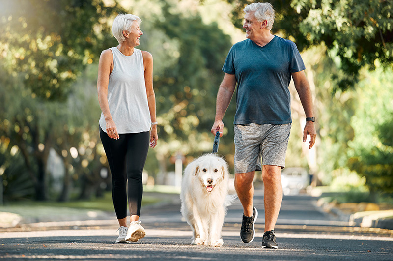 man and woman walking dog